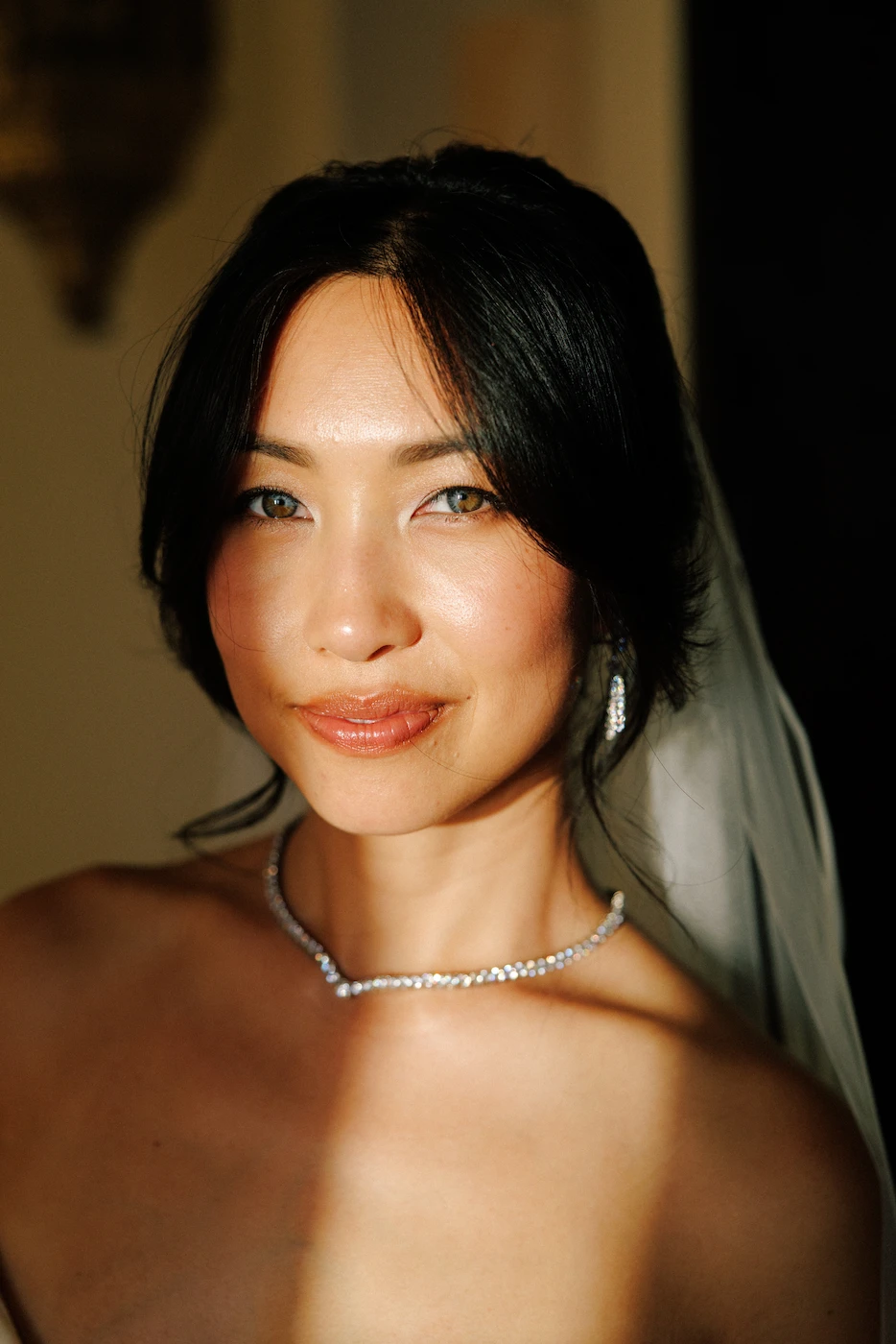 Close up bride portrait with veil and diamond necklace Puerto Vallarta wedding photography